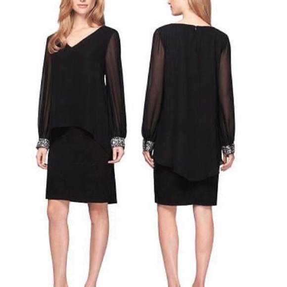 Alex Evenings Dresses & Skirts - Alex Evenings BLACK JERSEY CHIFONN LONG SLEEVED DRESS WITH BEADED CUFFS size 16W